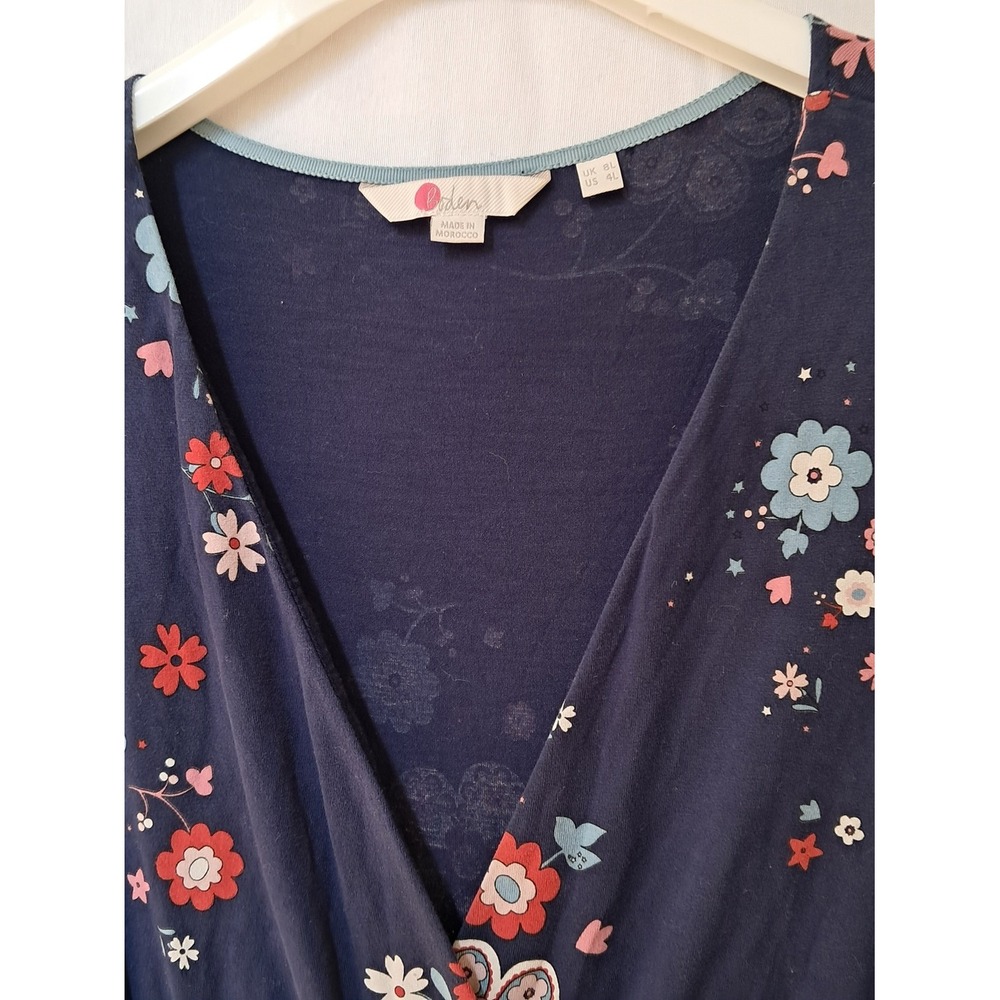 Boden Navy Floral Faux Wrap Midi Dress Short Sleeve Pockets Blue Red US 4L - Picture 14 of 16